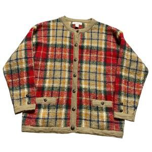 Christmas Plaid Mohair Blend Knit Red Cardigan Women’s Large Capeisle Knitters